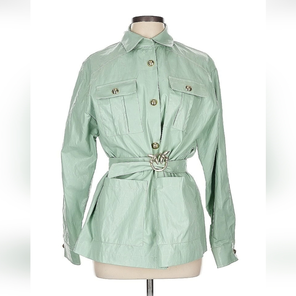 New Pinko Beltef Jacket In Mint Vegan Leather Size 40